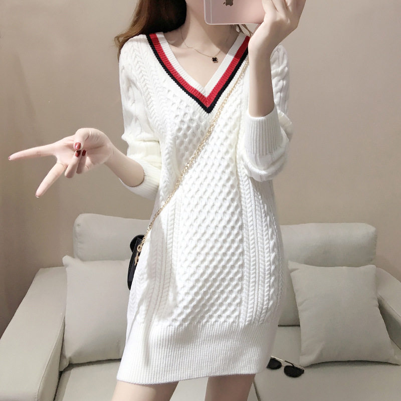 Tide brand 2021 autumn and winter New wear hip sweater long skirt loose white V collar sleeve inside knit skirt women