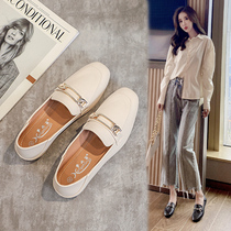 Tide brand leather square head flat single shoes womens 2021 autumn new British wild shallow mouth two wear large size loafers