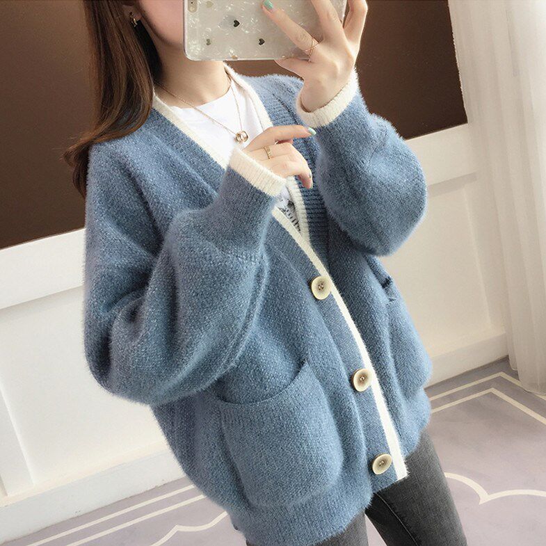 Tide Cards 2021 Autumn Winter Dress New LAZY WIND THICKENED SWEATER WOMEN'S KOREAN VERSION LOOSE Knitted Cardiovert Jersey Jacket