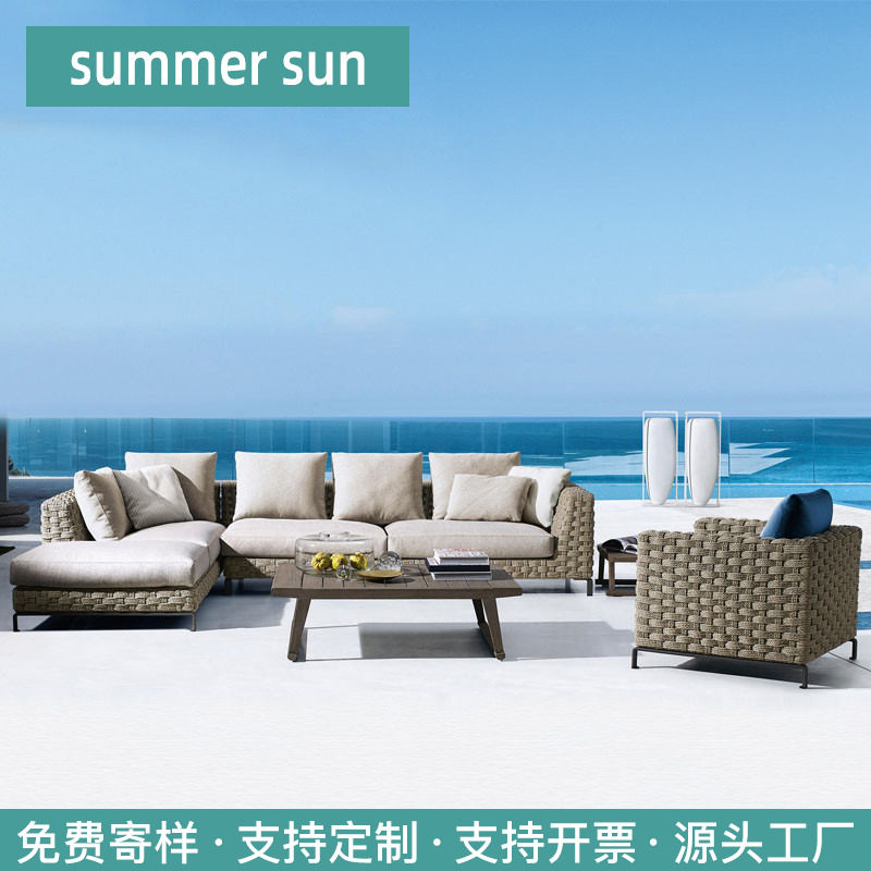 Nordic Outdoor Rattan Chair Sofa Tea Table Combination Living Room Outdoor Balcony Garden Patio Open-air Sunscreen Furniture