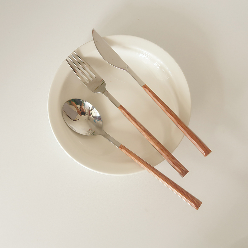 See things like faces ins net red Korean retro imitation wood grain handle stainless steel knife and fork spoon western steak knife and fork
