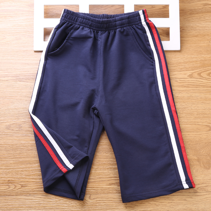 Children's Shorts, School Uniform Cropped Pants, Dark Blue Summer Red and White Stripes, Boys and Girls Blue Sports Pants, Navy Blue Five-Point Pants