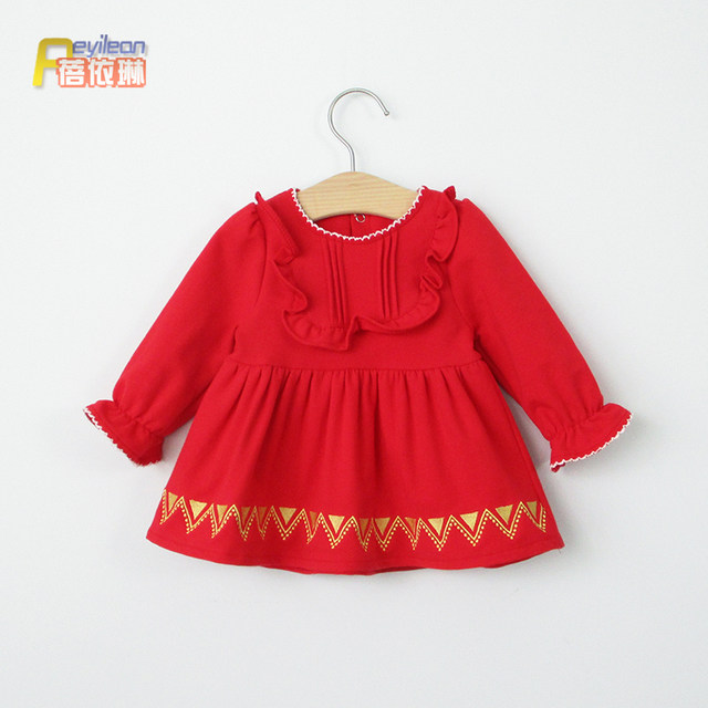 Baby girl's autumn dress big red dress New Year's wear 1 to 2 birthday princess skirt spring and autumn Hanfu