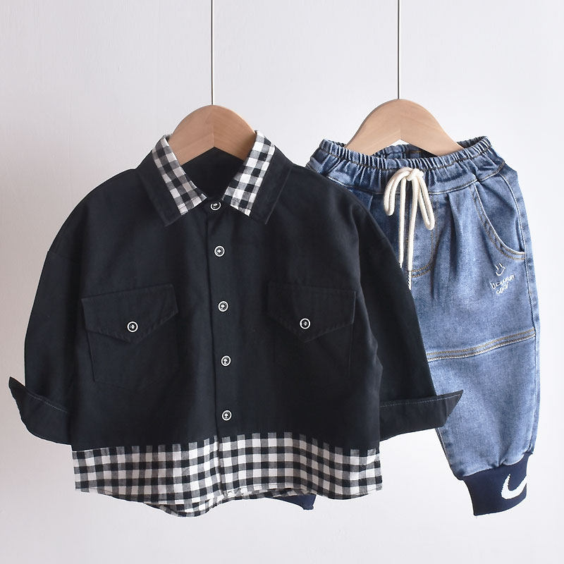 Boys long-sleeved shirts spring and autumn children's suits handsome western style shirts baby Korean plaid tops trendy black jackets