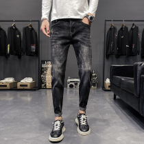 Tide brand jeans mens black Gray small straight slim body Slim retro trousers Joker thin spring and autumn new Korean Society