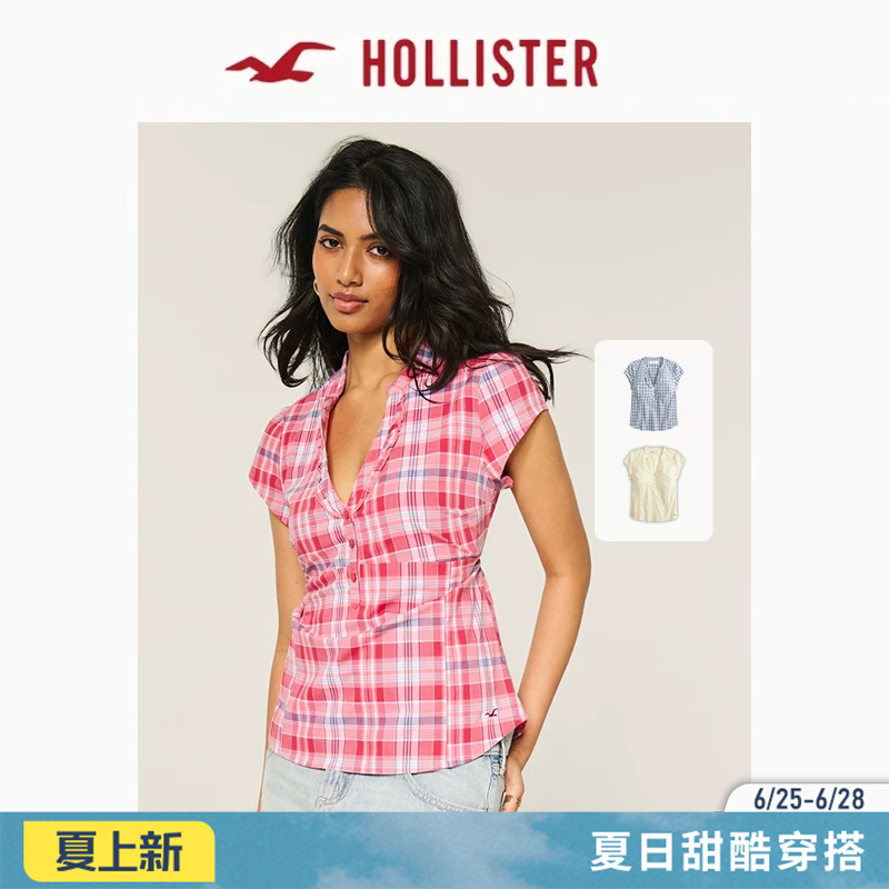 Hollister Small Seagull Pattern American Short-Sleeved Waist-Tie Pullover Shirt 26 Summer Women's Clothing 340-6013