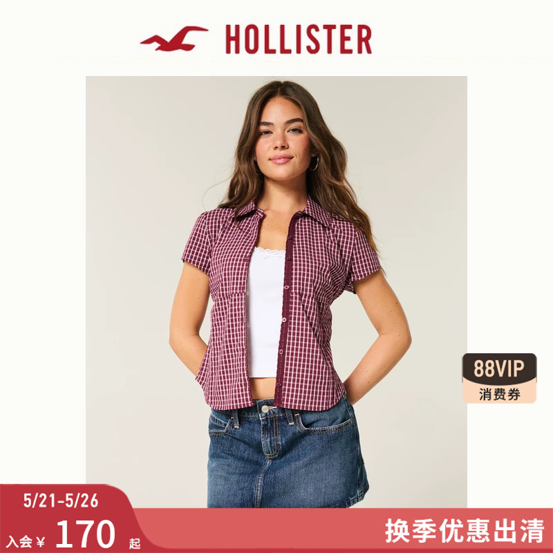 Hollister25 Autumn Y2K Plaid Slim Waist Short Sleeve Shirt Women's Clothing 340-5446