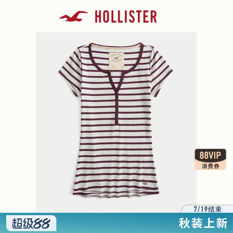 Hollister Small Seagull Pattern American-Style Henry Collar Short-Sleeved T-Shirt 26 Summer and Autumn New Women's Clothing 339-6239