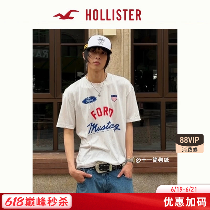 Hollister White Silhouette Ford Motorsport Couple Short-Sleeved T-Shirt 26 Summer Men's Clothing 323-6457