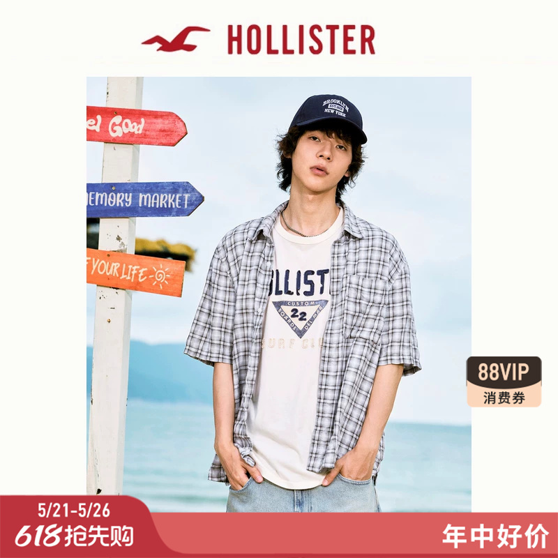 Hollister American Retro Plaid Seersucker Silhouette Short-Sleeved Shirt 26 Summer Men's Clothing 325-6034