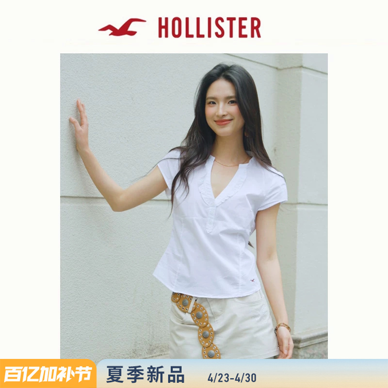 Hollister Little Seagull Pattern Sweet and Cute V-Neck Short-Sleeved Shirt 26 Spring and Summer Women's Clothing 340-6134