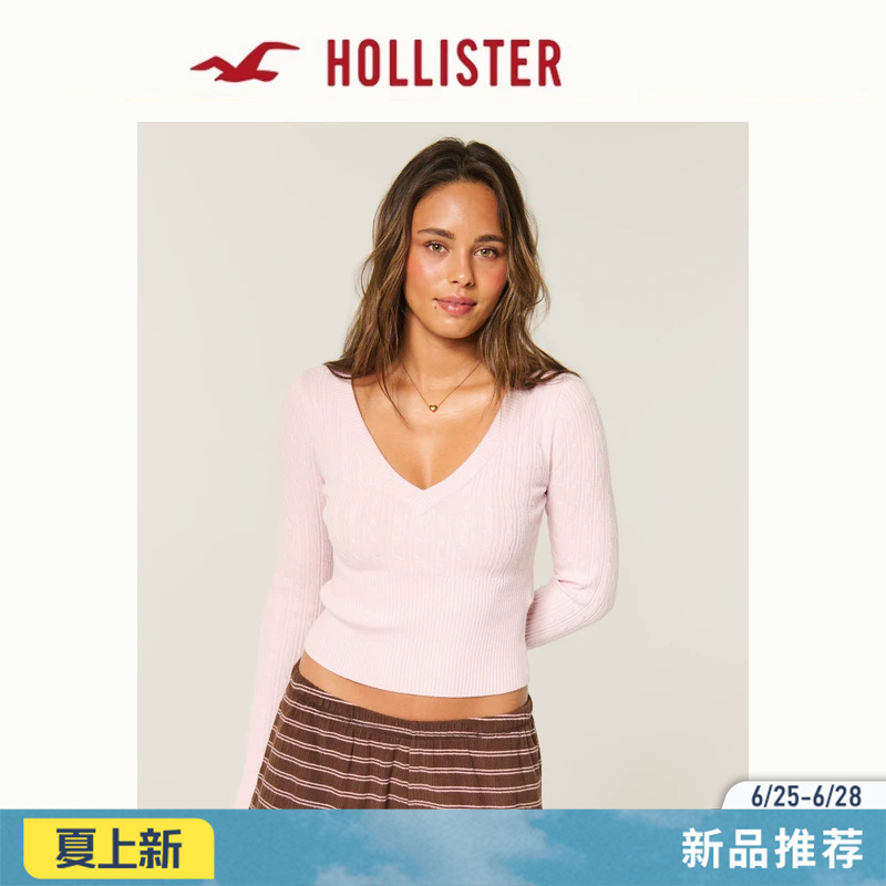 Hollister Twist V-Neck Pink and White Slim-Fit Pullover Knitted Sweater 26 Autumn New Women's Clothing 346-6933