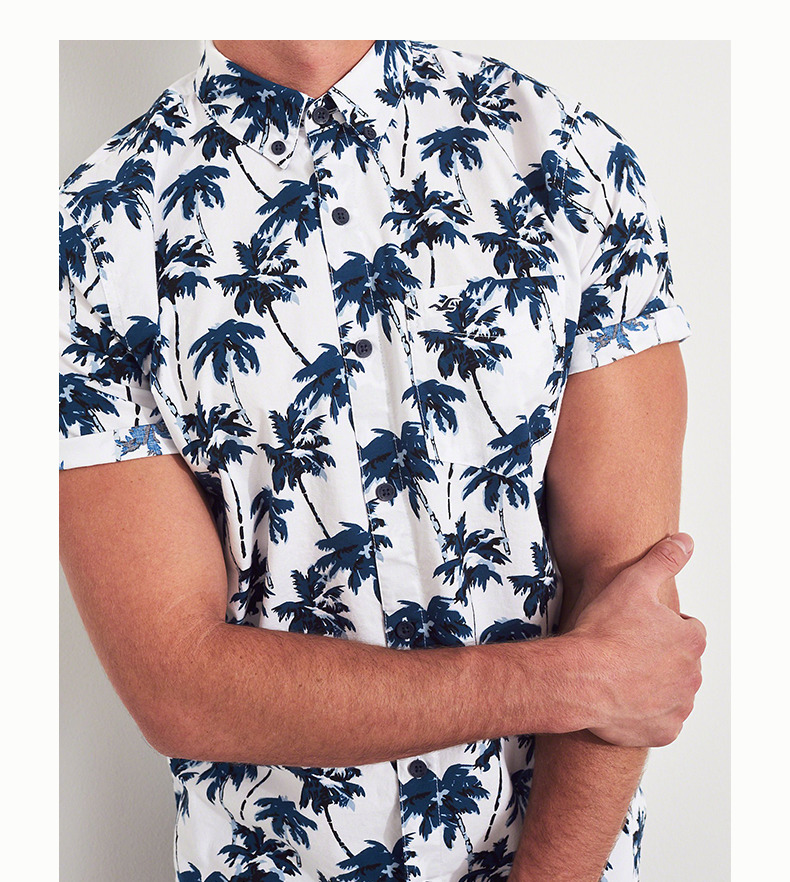 Hollister mùa thu 2018 mới co giãn sơ mi ngắn tay poplin nam 218768-1 áo sơ mi họa tiết nam