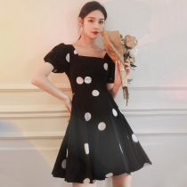 Dress small evening dress female banquet temperament black wave spot usually wear birthday party dress short thin