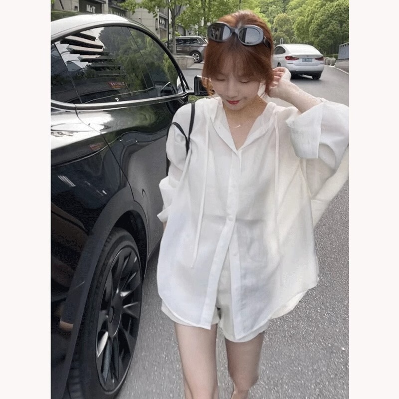 White Tencel Shirt for Women, Hooded, Popular Sun Protection Clothing, Thin Jacket, Summer Design, Niche Loose Top, Shirt White Tencel Shirt for Women, Hooded, Popular Sun Protection Clothing, Thin Jacket, Summer Design, Niche Loose Top, Shirt