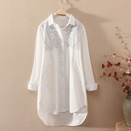 2018春装新款纯棉刺绣白色衬衫裙女韩版宽松
