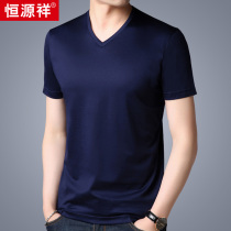 Hengyuanxiang 2020 new summer Men half sleeve mulberry silk short sleeve T-shirt V-neck solid color silk shirt base shirt