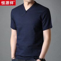 Hengyuanxiang linen short sleeve mens V-collar Chinese style T-shirt summer trend retro half-sleeve cotton linen T-shirt mens shirt