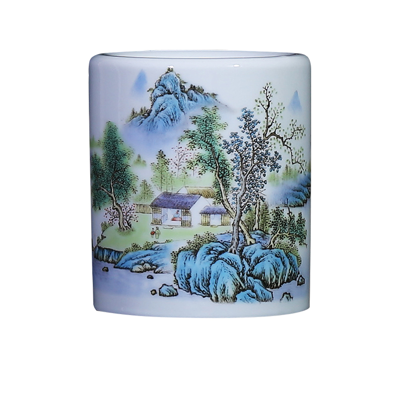 Jingdezhen ceramic famille rose porcelain vase landscape study modern household brush pot office furnishing articles of classical arts and crafts