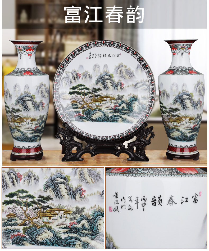 Jingdezhen chinaware big vase three - piece flower arranging place of new Chinese style household living room TV decorative arts and crafts