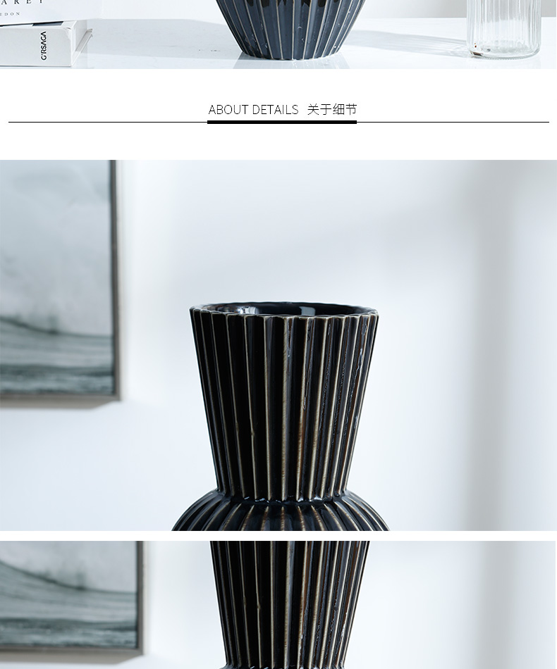 Creative light key-2 luxury black stripe convergent ceramic table model soft adornment simulation vase floral floral outraged