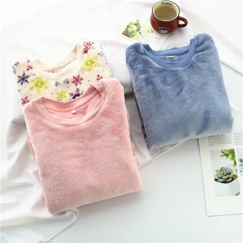 Coral Suede Lovers Pyjamas women's autumn Winter flannel Flannel Single Blouse Blouse Pure Color Sleeve Head Home Warmed Up Man