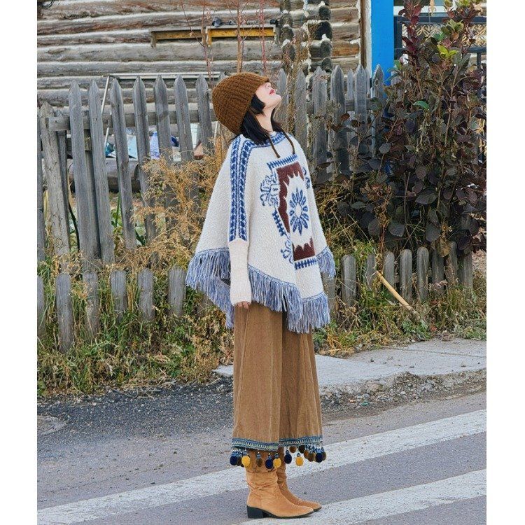 Xinjiang Prairie Wears Retro Ethnic Style Pullover Sweater Totem Shawl Women's Loose Long-Sleeved Knitted Tassel Cloak