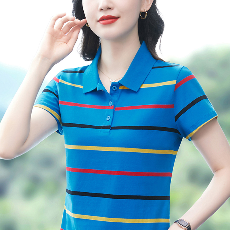 Lapel Short-Sleeved Women's T-Shirt, Slim Fit, Striped Collared Polo Shirt, Women's Sports Top, Collared T-Shirt, Women's Half-Sleeve