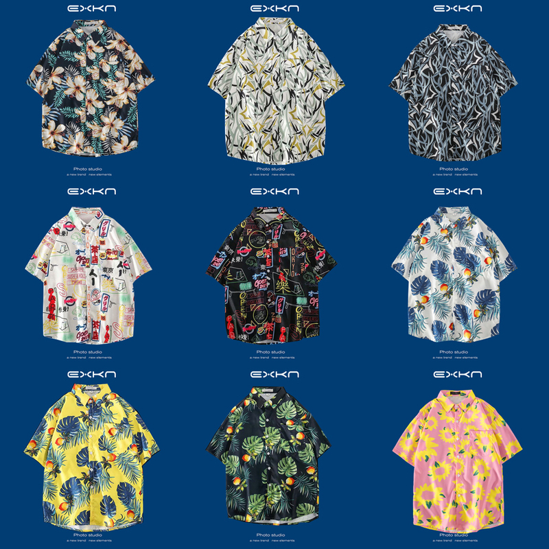 Summer Japanese-Style Floral Beach Shirts for Men and Women ins Trendy Hawaiian Hong Kong Style Loose Printed Short-Sleeved Couple Shirts