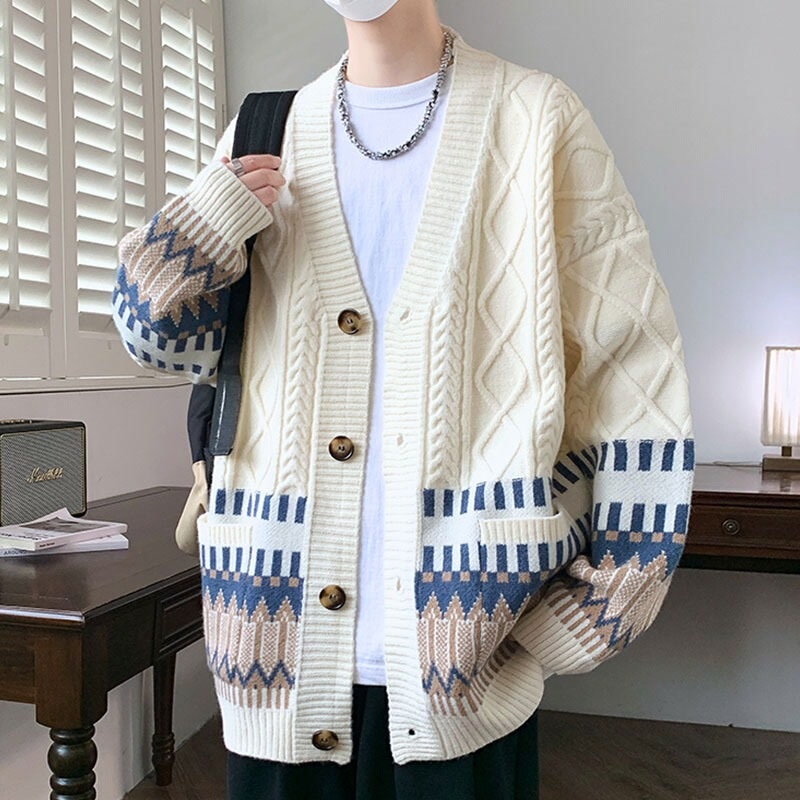 V-Neck Cardigan Sweater Jacket for Men, Autumn Lazy Style, Loose Twist Knit Sweater, College Style Casual Top, High Street