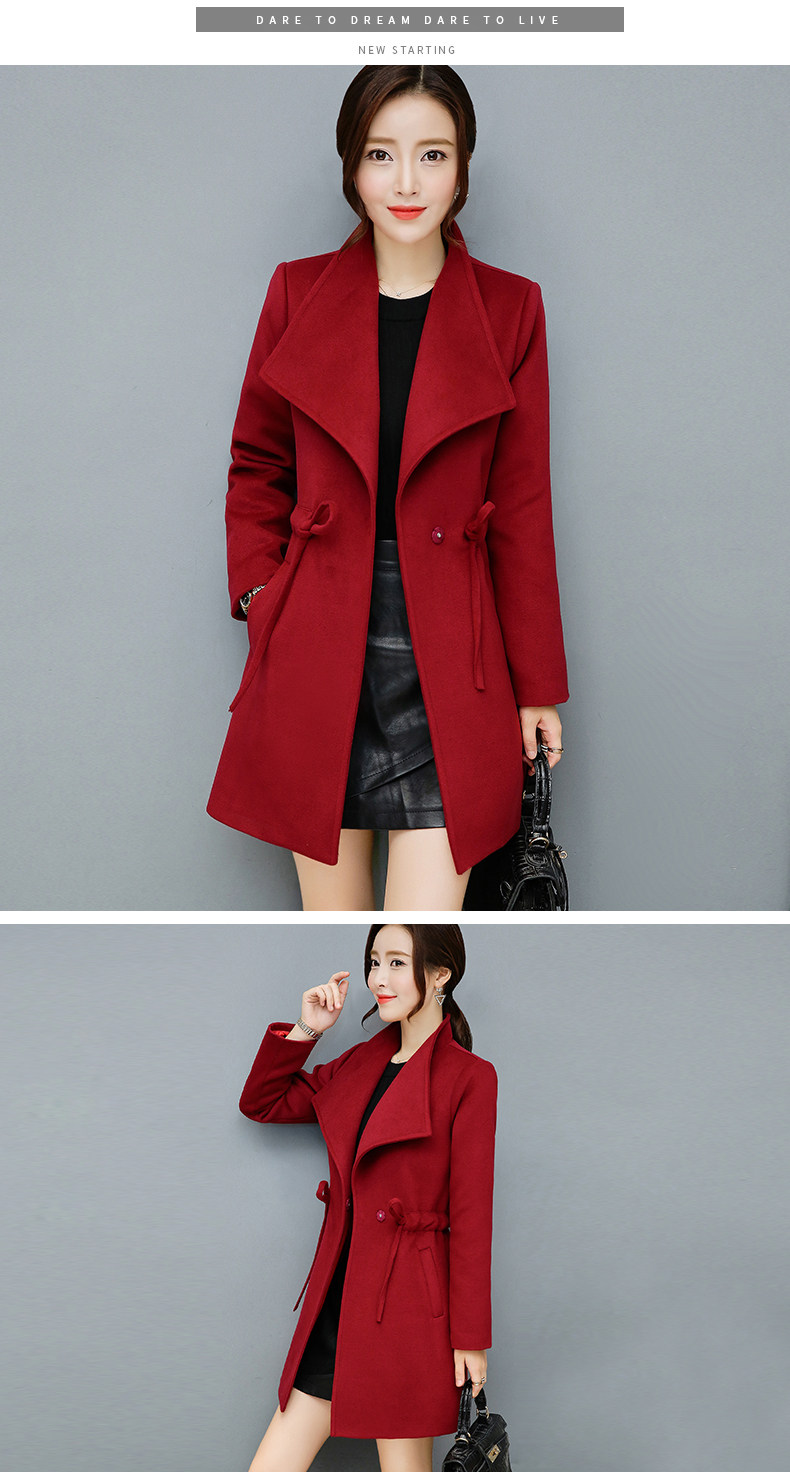 Winter Women Warm Wool Lapel Trench Coat Long Slim Overcoat Outwear