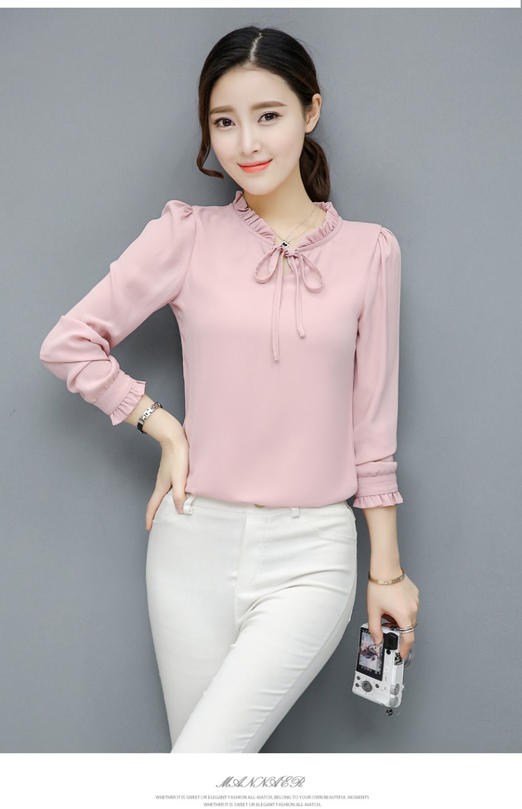 Áo mới mùa thu 2018 Han Fan thanh lịch nơ voan nữ dài tay áo sơ mi trắng sơ mi công sở nữ