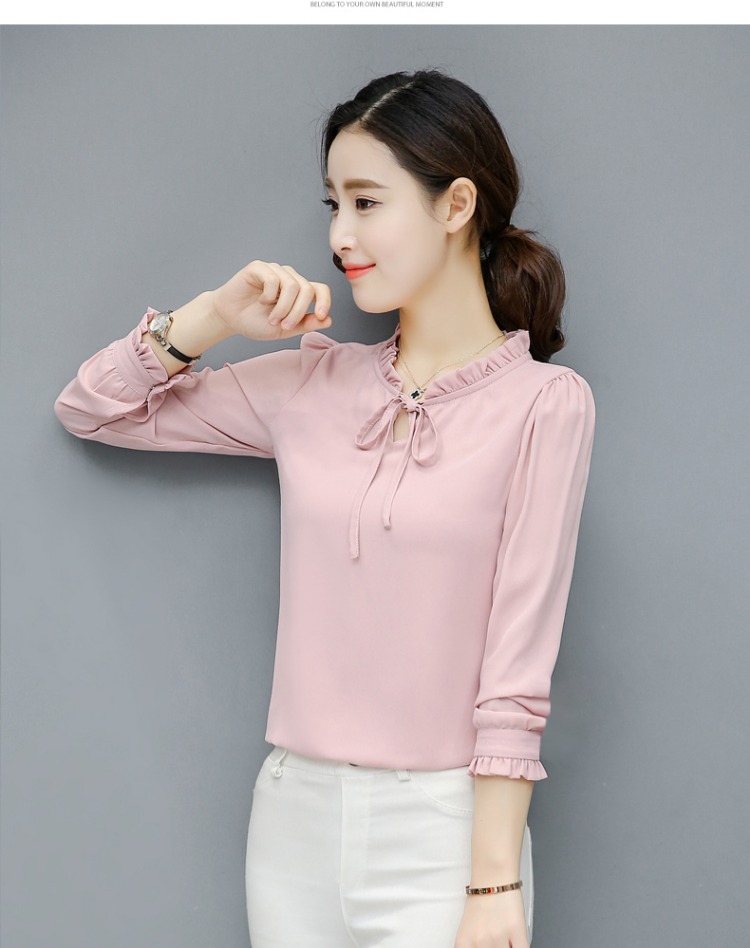 Áo mới mùa thu 2018 Han Fan thanh lịch nơ voan nữ dài tay áo sơ mi trắng sơ mi công sở nữ