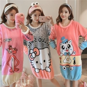 Coral nhung nightdress mùa thu và mùa đông phim hoạt hình dễ thương hellokitty flannel đồ ngủ phụ nữ ấm áp bên ngoài mặc dịch vụ nhà