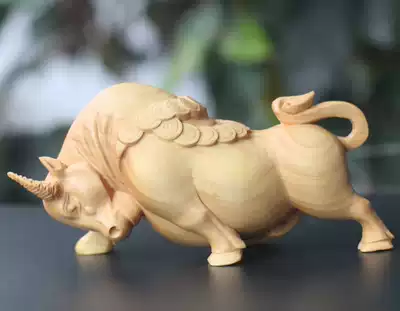 Yueqing boxwood carving money Ruyi cow handle play piece Feng Shui decoration Fortune such as rainbow taurus