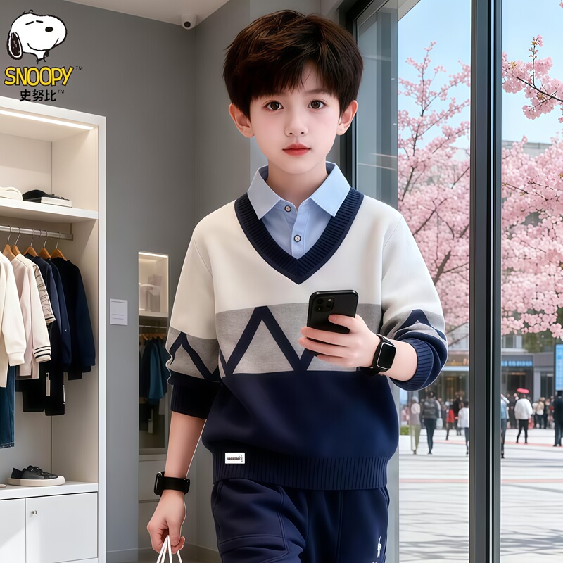 Snoopy Boys' Two-Piece Sweater Set, New Autumn and Winter Children's Pure Cotton Pullover, Base Shirt for Older Children