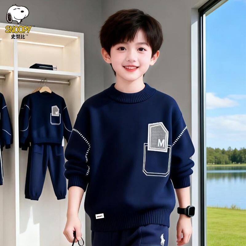 Snoopy Boys' Pure Cotton Sweater Autumn and Winter Set Children's Base Layer Fleece-Lined Thickened Knit Pullover for Older Children Snoopy Boys' Pure Cotton Sweater Autumn and Winter Set Children's Base Layer Fleece-Lined Thickened Knit Pullover for Older Children