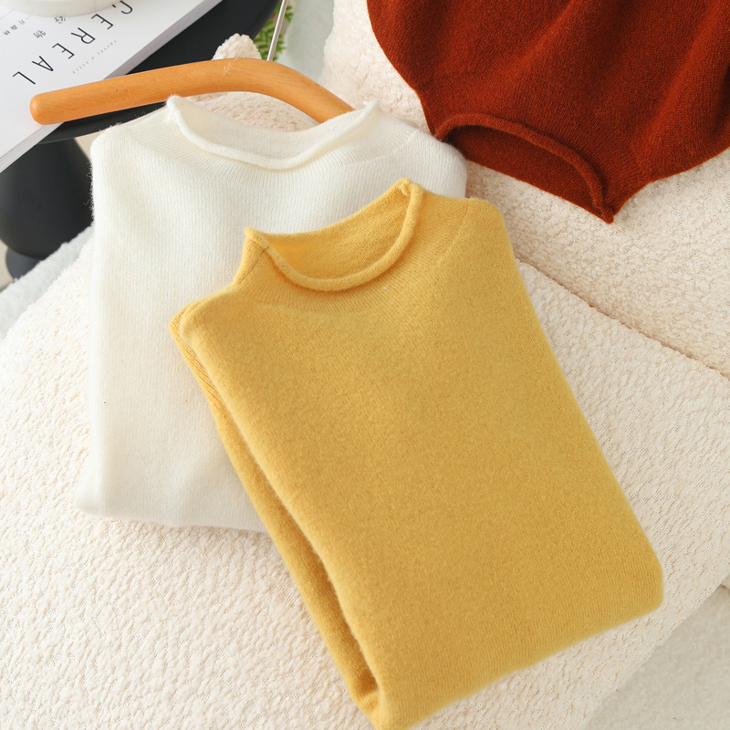 Children's Pure Wool Sweater with Rolled Edges and Half-High Collar, Unisex Pullover Sweater, Fashionable Versatile Base Layer Top for Older Children
