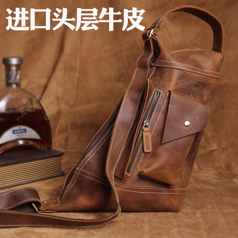 New Crazy Horse Leather Men's Chest Bag Large-capacity Leather Mountaineering Cycling Travel Leisure Backpack Head Layer Leather Messenger Bag