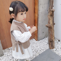 Girl knit waistcoat waistcoat Vest Lace 2022 New middle and children Two sets of linen shirt dress with dress Ocean Korean version