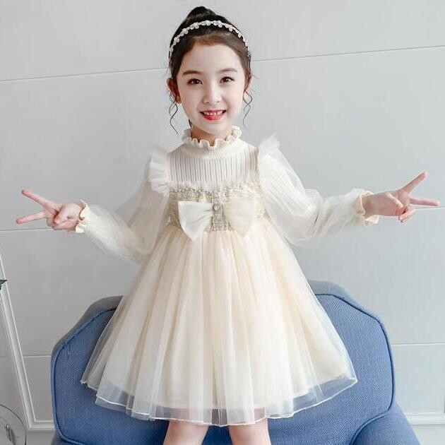 Girls dress in autumn 2022 New Ocean Pongony Yarn Children's Princess Sweater Long Sleeved Girl Dress