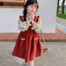 Girl Braces Skirt Spring Autumn Ocean Qi Children Crushed Flowers Blouses Fields Garden Wind Retro Suit Dress Sweetness and sweetness Two sets
