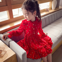 Girl Snowspun Dress Dress 2022 New Korean Version Foreign Gas Strawberry Printed Cute Little Girl Spring Dress Red Princess Dress