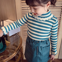 High collar sweater girls autumn and winter foreign air streaks lace midchild blouses 2021 new childrens headsets for underwinter clothing