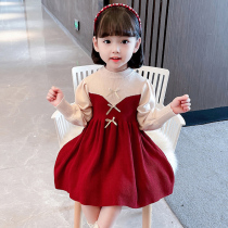 Girls dress 2022 Spring paragraph Child foreign air princess dress Chinese New Year clothes baby Han version of red knit sweaters dress