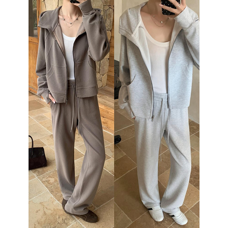 1U Same Fabric Relaxed Fit Set Waffle Knit Casual Sports Hoodie Lazy Loose Hooded Jacket Sweatpants