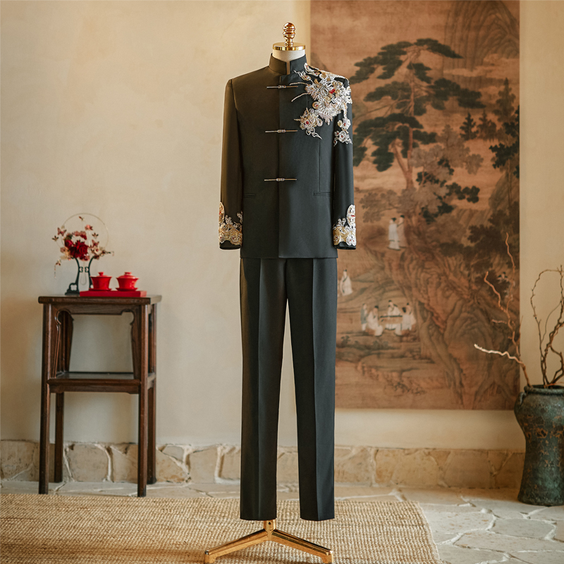 New Chinese-Style Xiuhe Suit Groom's Zhongshan Suit Wedding Set Heavy-Duty Suit Jacket Men's Engagement Black Toast Suit