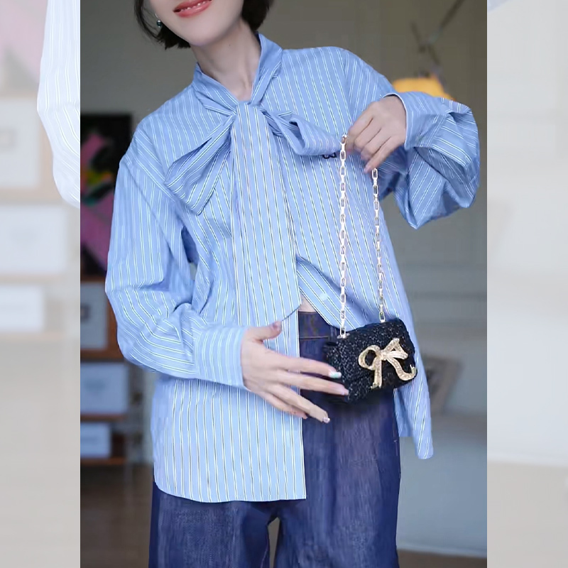 Fashionable Commuter Blue Striped Tie-Neck Long-Sleeved Shirt for Women, New Autumn Style, Stylish and Elegant Blouse Top Fashionable Commuter Blue Striped Tie-Neck Long-Sleeved Shirt for Women, New Autumn Style, Stylish and Elegant Blouse Top