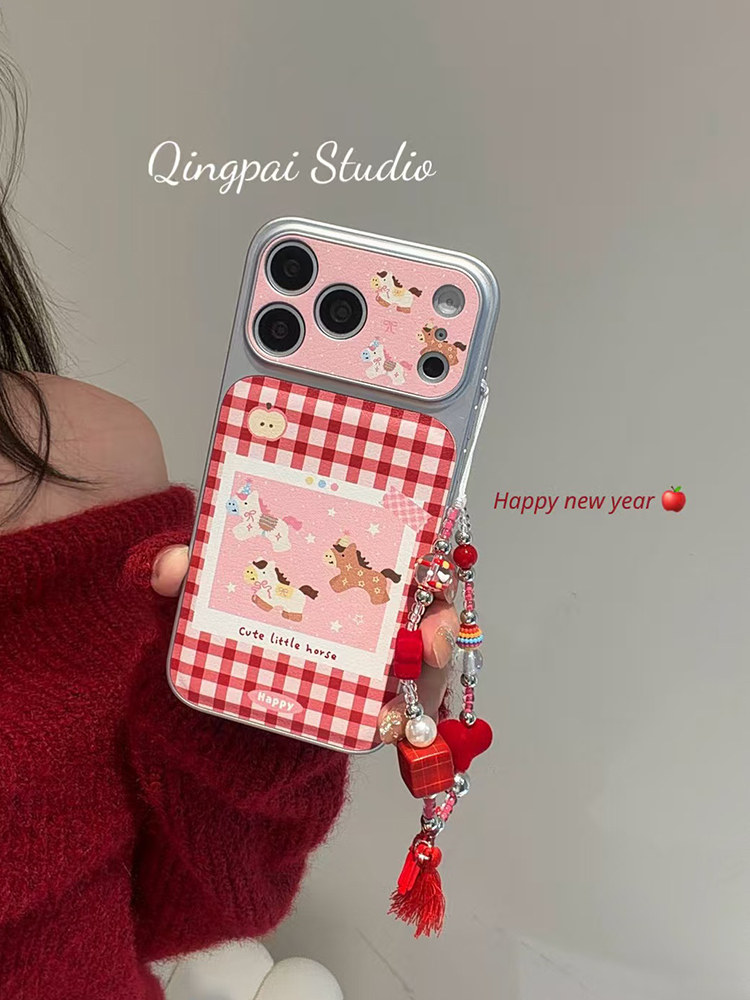 Lightweight New Year Red Plaid Pony with Chain Suitable for Apple 17 Pro Max Phone Case iPhone 16 Pro New Model 15 Women's Model 14 Silver Frame Large Window 13 Cartoon Full-Cover Hard Case