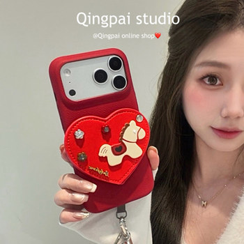 Lightweight Leather New Year Red 3D Heart Mirror Case with Lanyard Suitable for Apple 17 Pro Max Phone Case iPhone 16 Pro New Model 15 Women's Model 14 Simple 13 High-End Full-Cover Hard Case